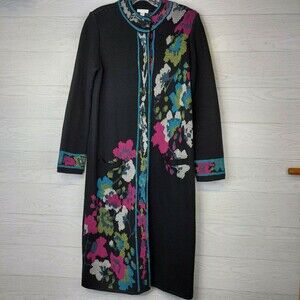 J Jill Long Cardigan Sweater Black Size XS Floral Trailing Flowers Snap Down